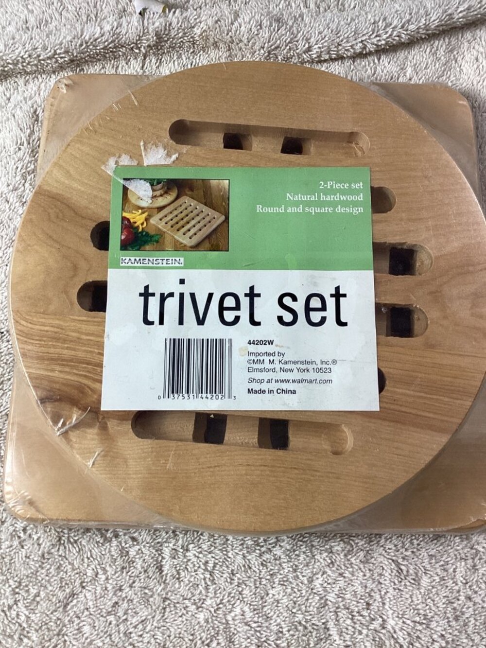 Kamenstein 2-Piece Natural Hardwood Trivet Set*Round *Square Design*Kitchen*NIP